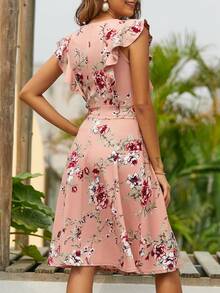 Floral Print Ruffle Trim Dress - Coral Pink - View 2