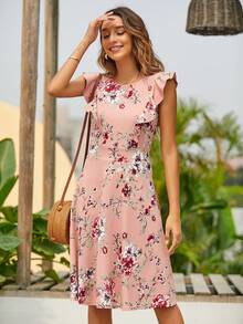 Floral Print Ruffle Trim Dress - Coral Pink - View 4