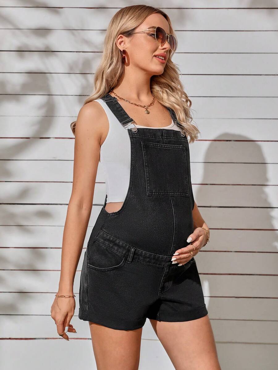SHEIN Maternity Roll Hem Denim Dungarees Without Top - Dark Grey - View 1