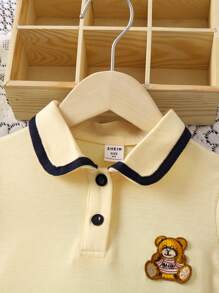 SHEIN Vestido Tipo Smock Para Niña Con Cuello Polo, Dobladillo Con Volantes, Detalle De Oso Y Contraste En Los Bordes - Amarillo - Ver 3