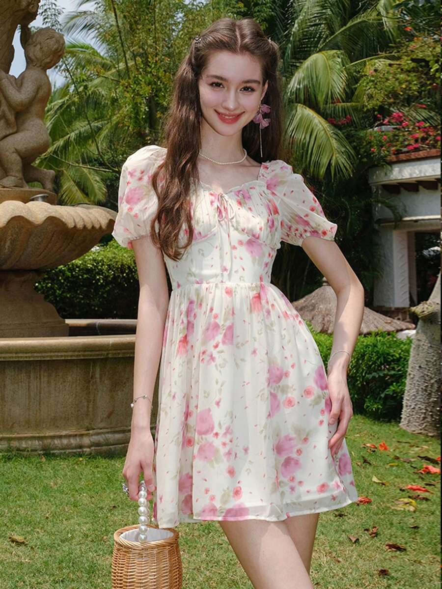 印花泡泡袖連衣裙 - 杏色 - 查看 1