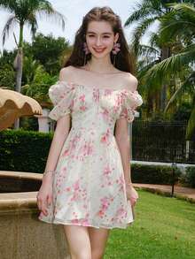 印花泡泡袖連衣裙 - 杏色 - 查看 6