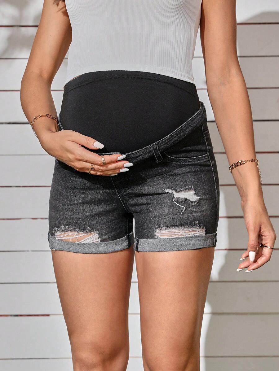 SHEIN Maternity Wideband Waist Ripped Roll Hem Denim Shorts - Black - View 1