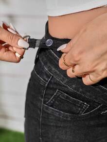 SHEIN Maternity Wideband Waist Ripped Roll Hem Denim Shorts - Black - View 5