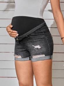 SHEIN Maternity Wideband Waist Ripped Roll Hem Denim Shorts - Black - View 6