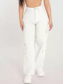 SHEIN PETITE Flap Pocket Cargo Jeans - White - View 1