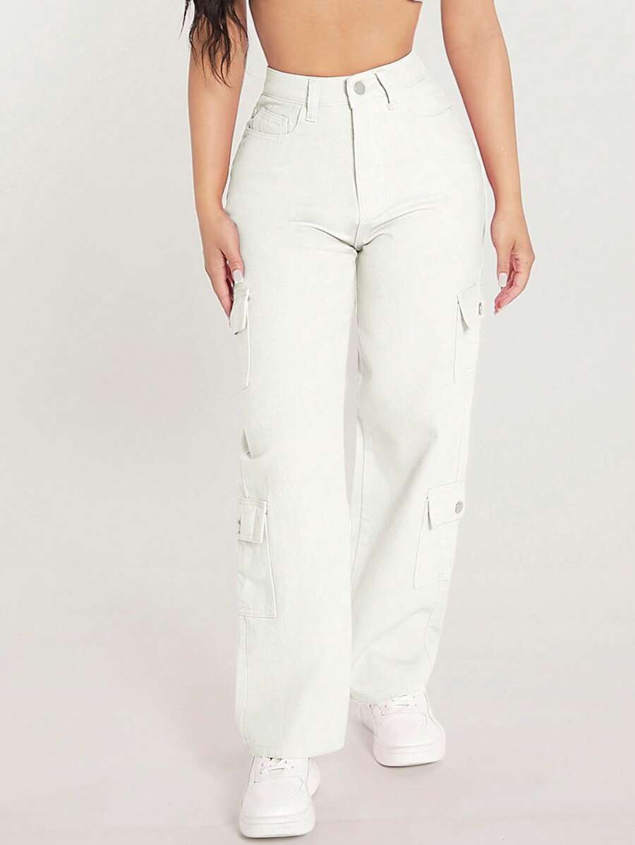 SHEIN PETITE Flap Pocket Cargo Jeans - White - View 1