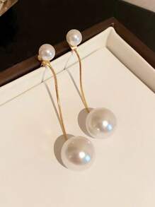 1對極簡和藝術和時尚和優雅流蘇長款珍珠耳墜 - 金黃色 - 查看 1