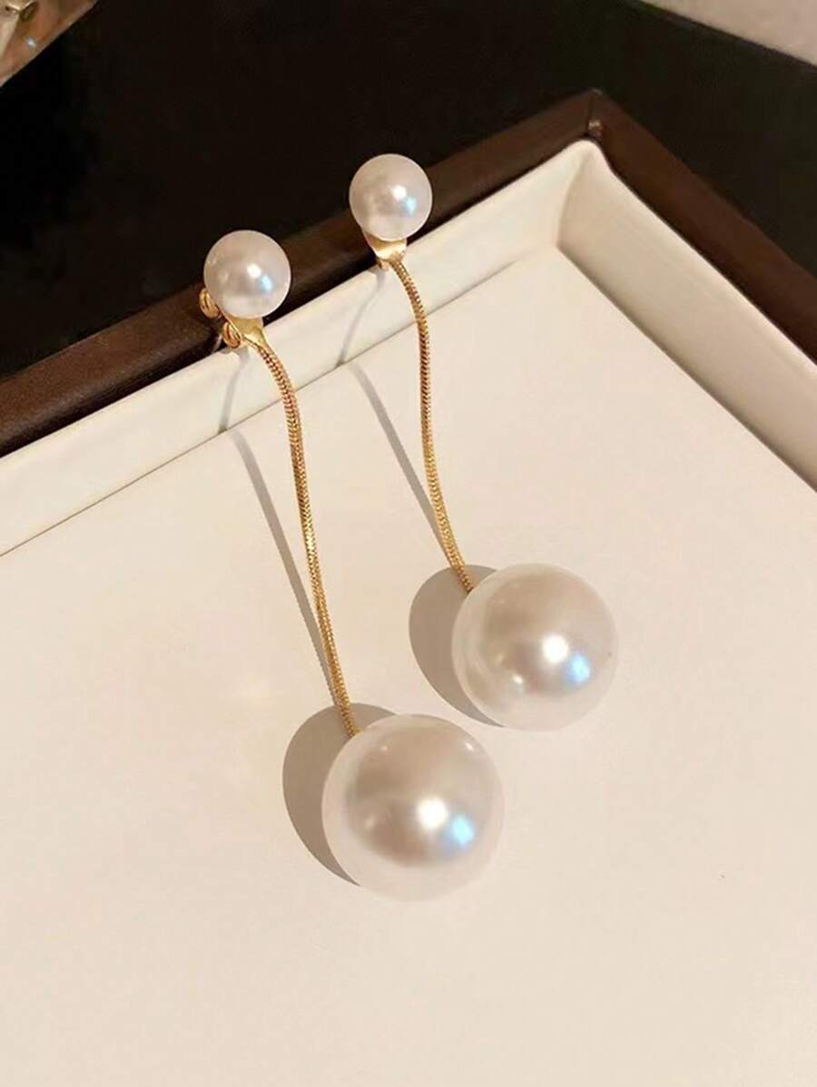 1對極簡和藝術和時尚和優雅流蘇長款珍珠耳墜 - 金黃色 - 查看 1