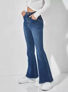 SHEIN PETITE 高腰毛邊牛仔喇叭褲 - 深色水洗藍 - 查看 4