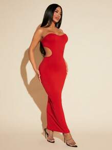 SHEIN SXY Đầm Lộ Lưng Cắt ra màu trơn Gợi cảm - Đỏ - Xem 4