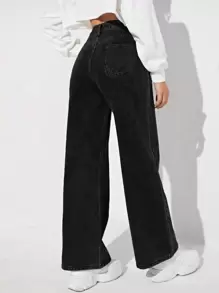 SHEIN EZwear 高腰闊腿牛仔褲 - 黑色 - 查看 3