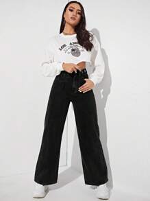 SHEIN EZwear 高腰闊腿牛仔褲 - 黑色 - 查看 5