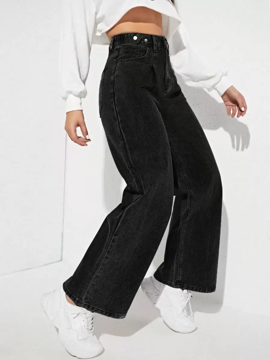 SHEIN EZwear 高腰闊腿牛仔褲 - 黑色 - 查看 1