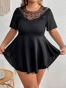 SHEIN LUNE Plus Contrast Lace Peplum Tee - Black - View 2