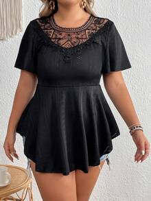 SHEIN LUNE Plus Contrast Lace Peplum Tee - Black - View 6