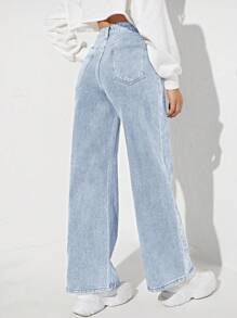 SHEIN EZwear 高腰闊腿牛仔褲 - 淺色水洗藍 - 查看 2