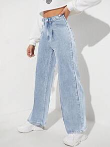 SHEIN EZwear 高腰闊腿牛仔褲 - 淺色水洗藍 - 查看 3