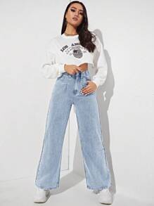 SHEIN EZwear 高腰闊腿牛仔褲 - 淺色水洗藍 - 查看 4