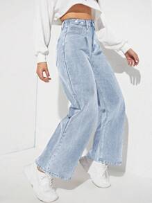 SHEIN EZwear 高腰闊腿牛仔褲 - 淺色水洗藍 - 查看 5