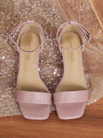 Glamorous Ankle Strap Sandals For Women, Glitter Chunky Heeled Sandals