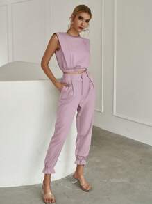 Sollinarry Solid Tank Top & Ruffle Hem Trousers - Mauve Purple - View 1