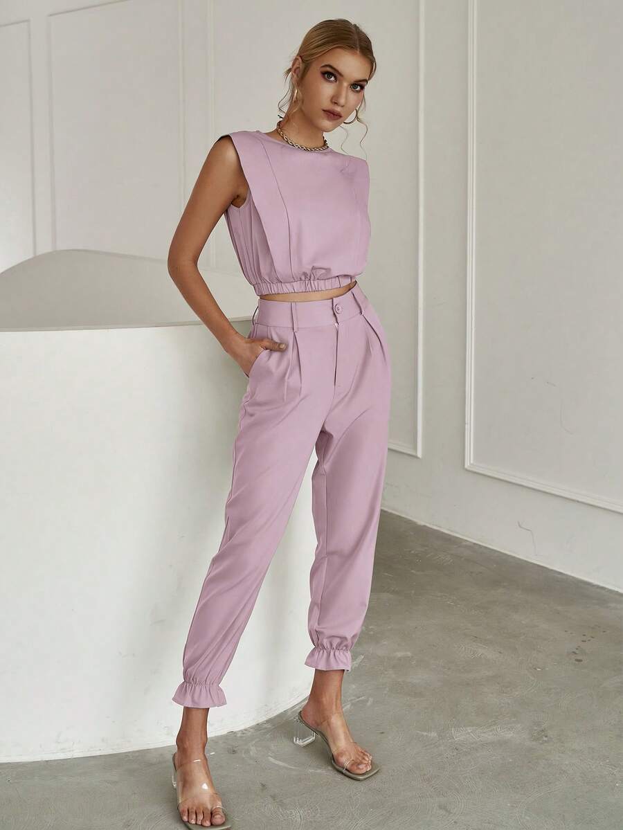 Sollinarry Solid Tank Top & Ruffle Hem Trousers - Mauve Purple - View 1