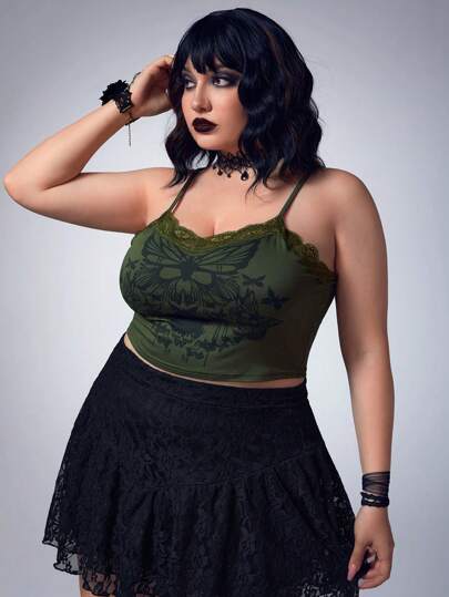 Goth Top de tirantes con estampado de mariposa ribete con encaje