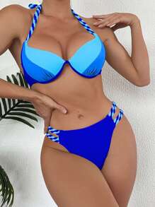 SHEIN Swim Bañador bikini push up de color combinado halter - Azul - Ver 3