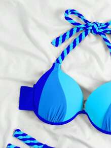 SHEIN Swim Bañador bikini push up de color combinado halter - Azul - Ver 5