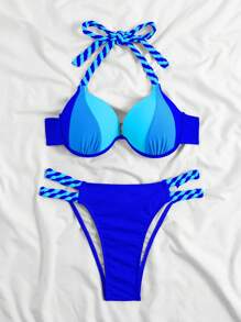 SHEIN Swim Bañador bikini push up de color combinado halter - Azul - Ver 6