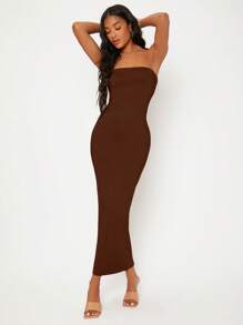 SHEIN BASICS Vestido Sólido Estilo Tubo Para Cena O Citas Casuales - Marrón Chocolate - Ver 3
