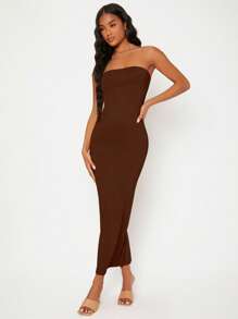 SHEIN BASICS Vestido Sólido Estilo Tubo Para Cena O Citas Casuales - Marrón Chocolate - Ver 4