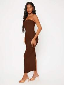 SHEIN BASICS Vestido Sólido Estilo Tubo Para Cena O Citas Casuales - Marrón Chocolate - Ver 5