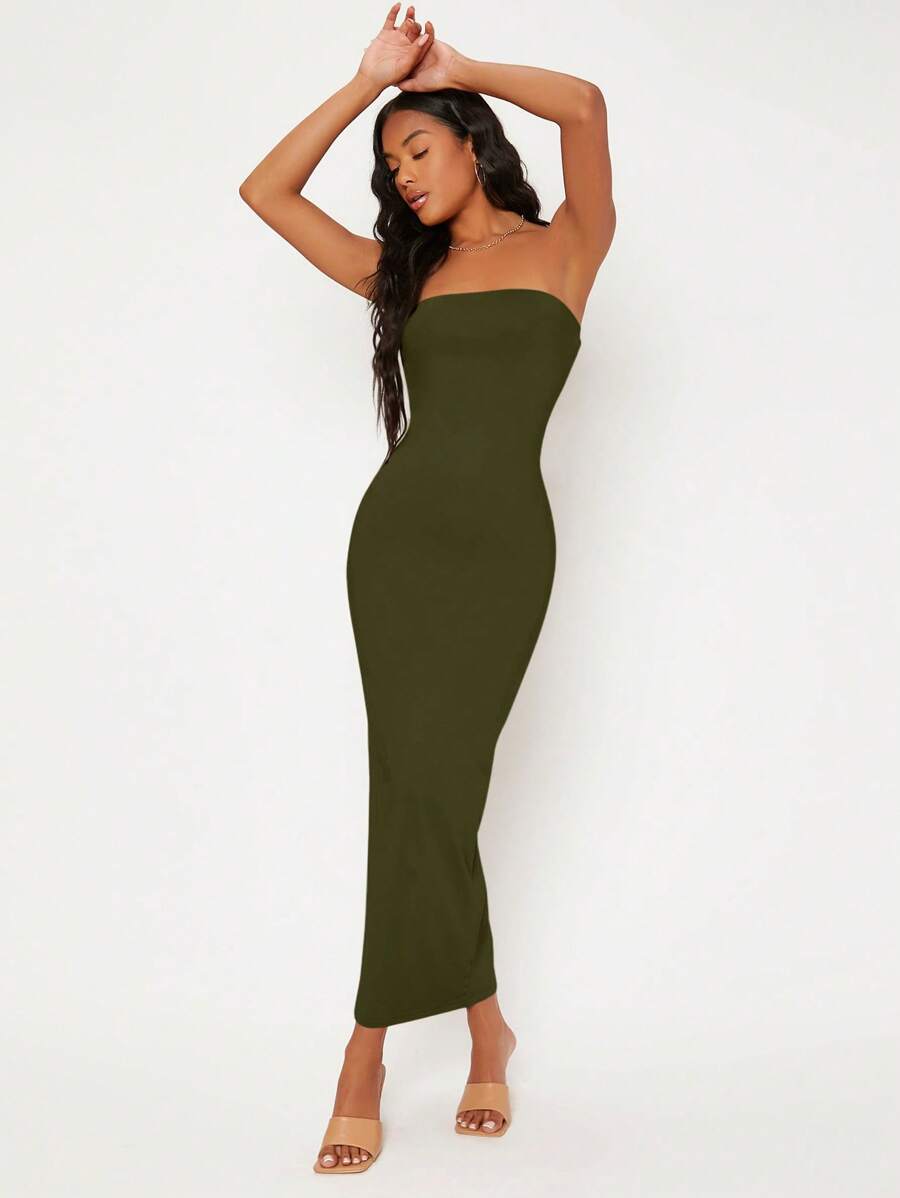 SHEIN BASICS Solid Tube Bodycon Dress - Army Green - View 1