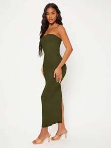 SHEIN BASICS Solid Tube Bodycon Dress - Army Green - View 3