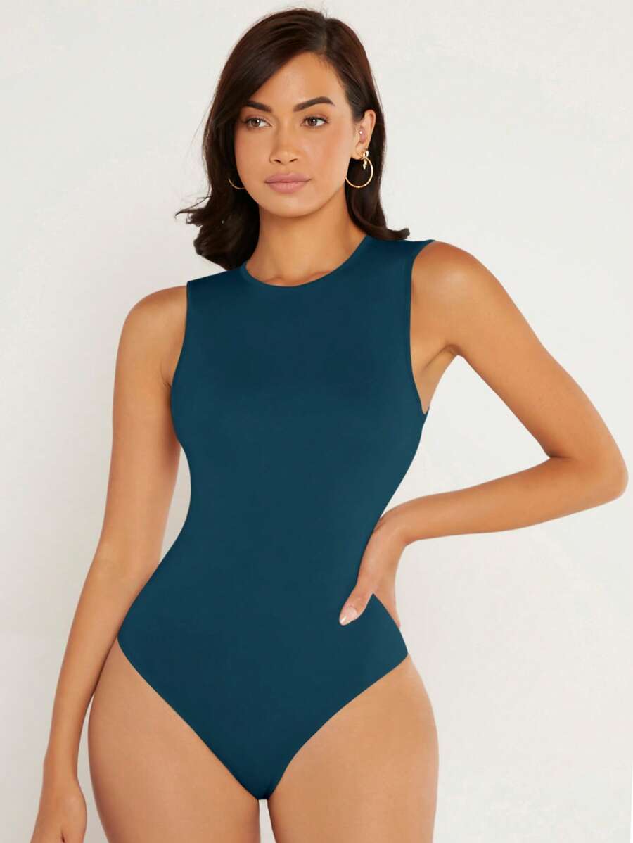 SHEIN BASICS Solid Round Neck Tank Bodysuit - Cadet Blue - View 1