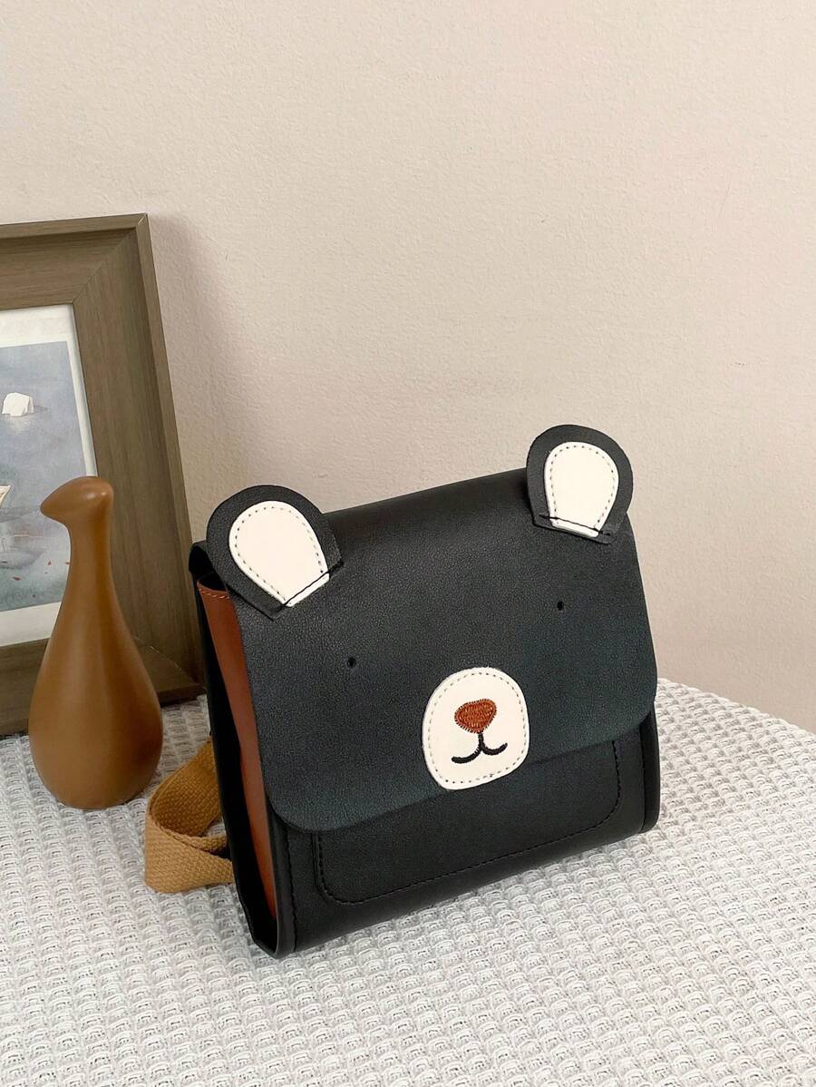 Kids Bear Design PU Flap Cartoon Túi mới lạ dễ thương - màu đen - Xem 1