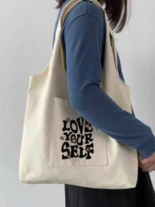 中號購物袋字母和花朵圖案預科生書包適合畢業生、青少年女孩、新生、大二、初中和高中學生、大學和高中，非常適合戶外、旅行和返校 - 米色 - 查看 1