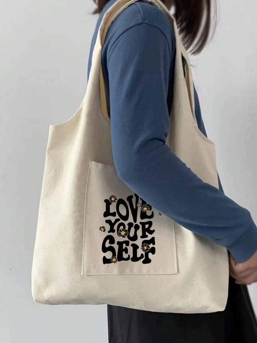 中號購物袋字母和花朵圖案預科生書包適合畢業生、青少年女孩、新生、大二、初中和高中學生、大學和高中，非常適合戶外、旅行和返校 - 米色 - 查看 1