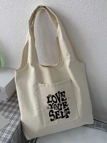 中號購物袋字母和花朵圖案預科生書包適合畢業生、青少年女孩、新生、大二、初中和高中學生、大學和高中，非常適合戶外、旅行和返校 - 米色 - 查看 2