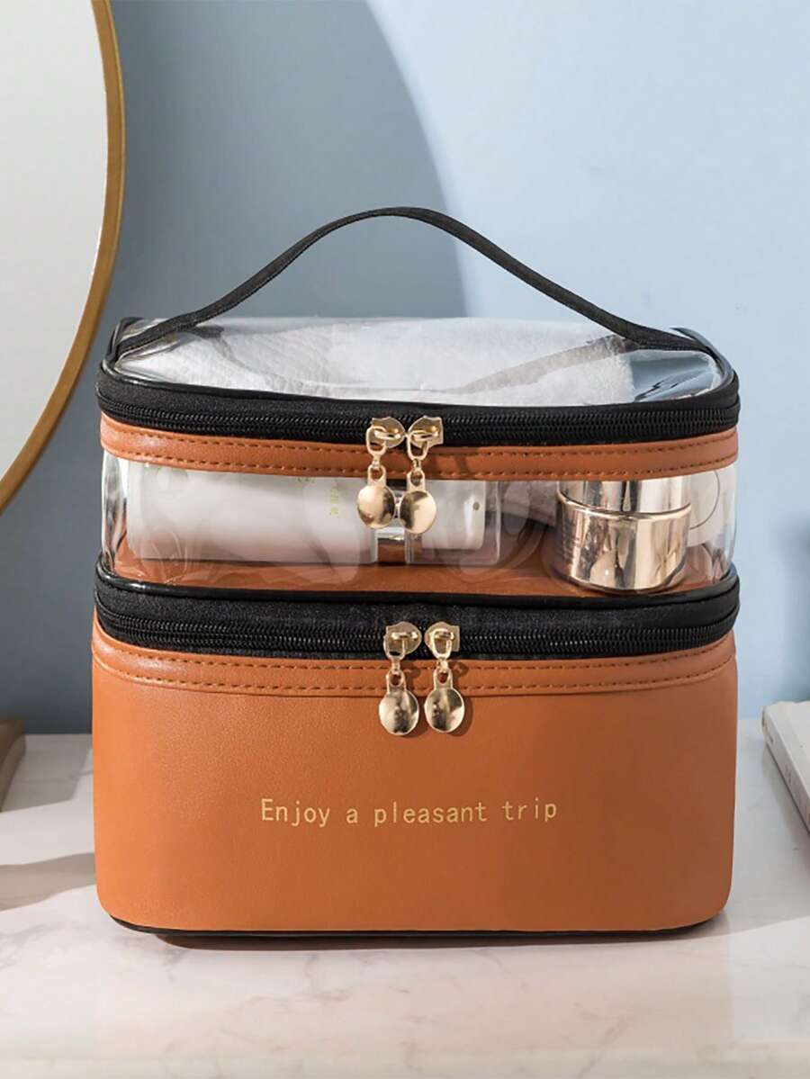 字母圖形化妝包清晰細節雙層,化妝包,旅行組織袋拉鍊便攜式pu化妝包化妝品儲存極簡風格