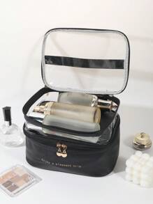 Bolsa de cosméticos de doble capa, organizador de maquillaje, estuche de almacenamiento de maquillaje, bolsa de maquillaje - Negro - Ver 3