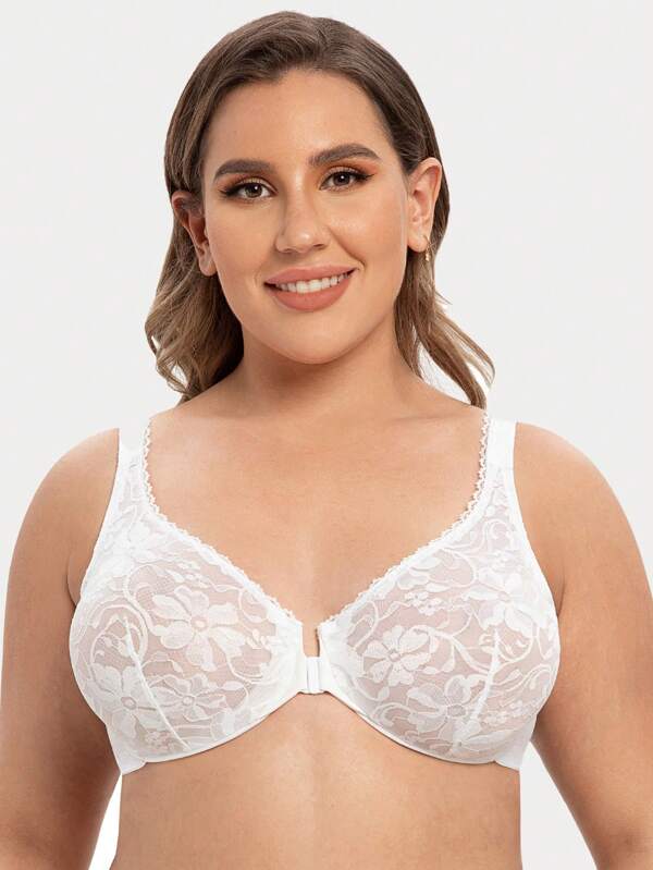 Plus Unlined Floral Lace Underwire Front Closure Bra