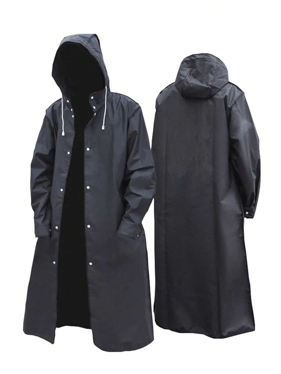 1pc Black Long Hooded Rain Poncho, Waterproof Jacket For Outdoor Activities Like Travel, Hiking, Fishing, Climbing