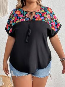 SHEIN Áo sơ mi Plus Size mép Thắt nơ trước Hoa Boho - màu đen - Xem 2