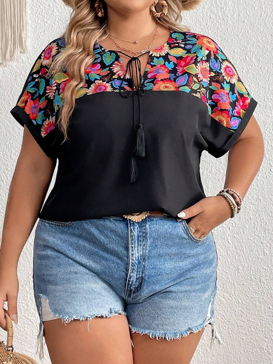 SHEIN Áo sơ mi Plus Size mép Thắt nơ trước Hoa Boho - màu đen - Xem 1