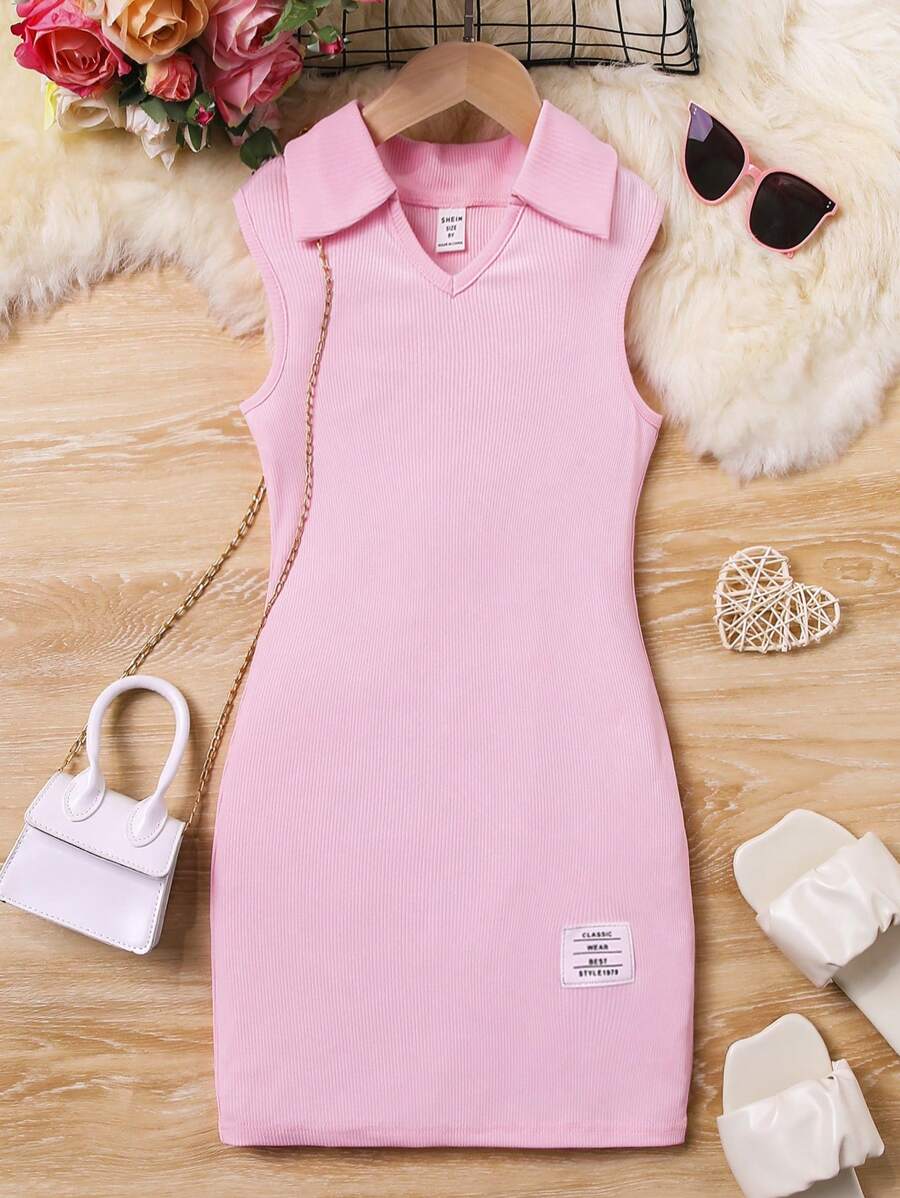SHEIN 少女字母拼接細節肋針織連衣裙 - 粉色 - 查看 1