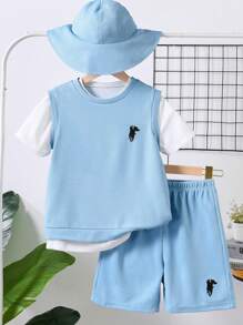 SHEIN 男孩馬刺繡背心上衣和短褲和T恤 - 藍白色 - 查看 1