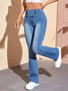 SHEIN PETITE Quần jean nữ Nút Túi Dây kéo màu trơn - Rửa nhẹ - Xem 5